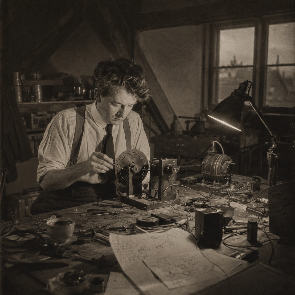 Retrato de John Logie Baird trabajando en su laboratorio del 22 de Frith Street, 1925