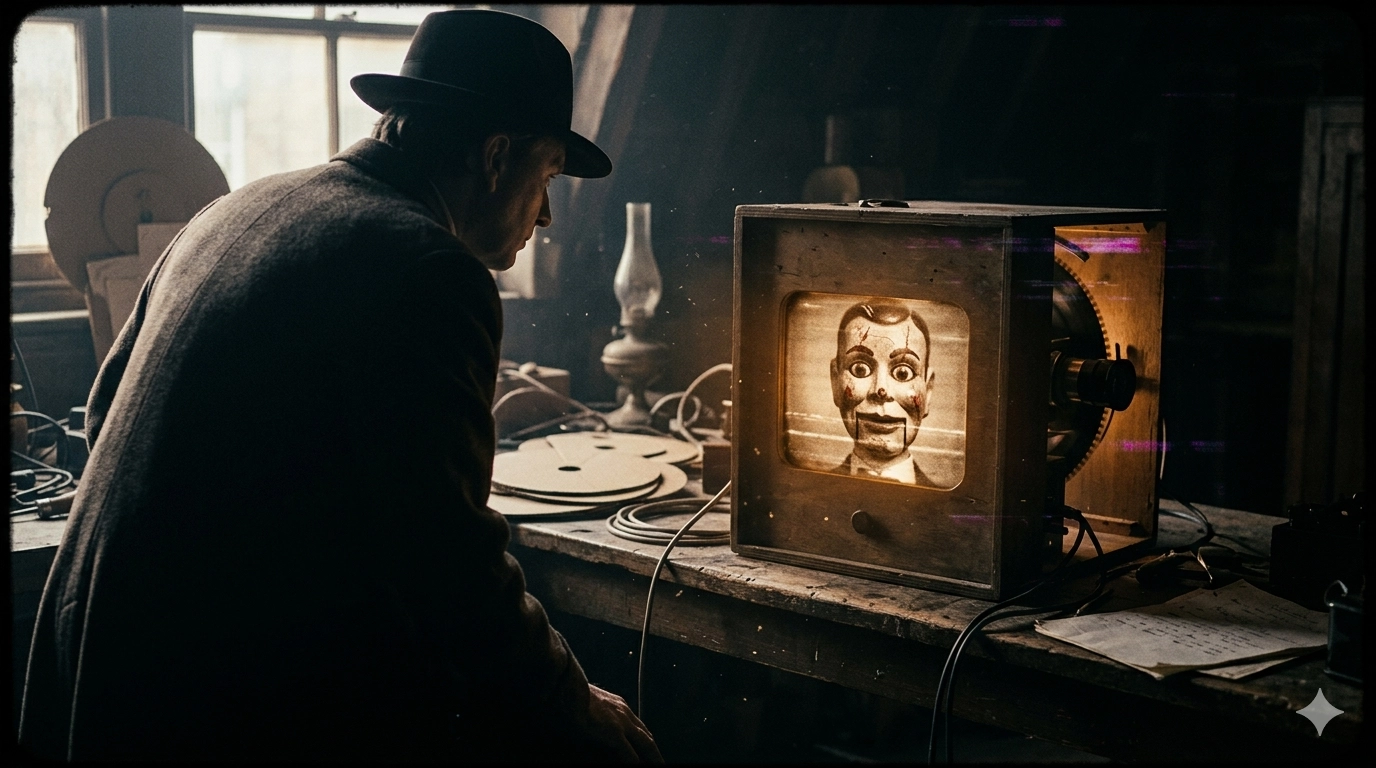 Fotograma del tráiler: Baird mirando la cara de Stooky Bill transmitida en el primer televisor